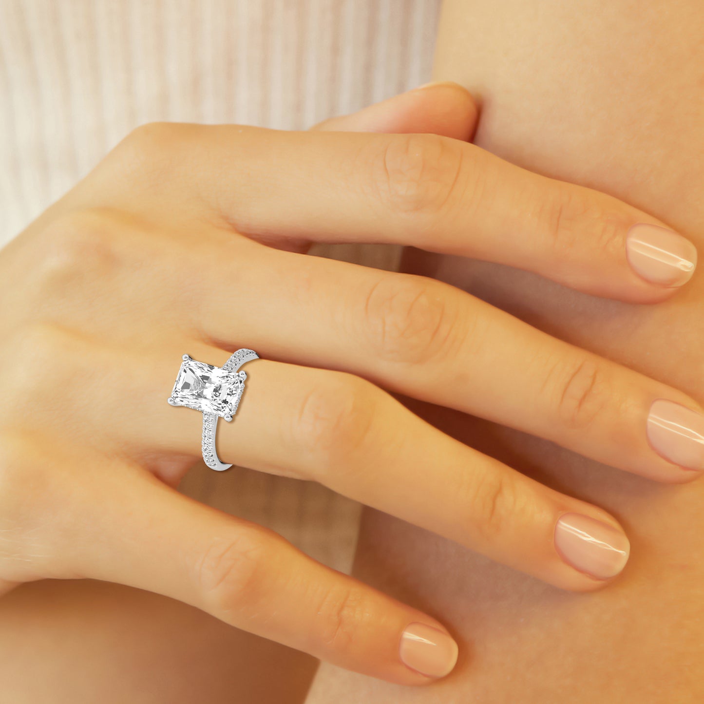 Hidden Halo Radiant Engagement Ring – 14K White Gold, 2.79 ct