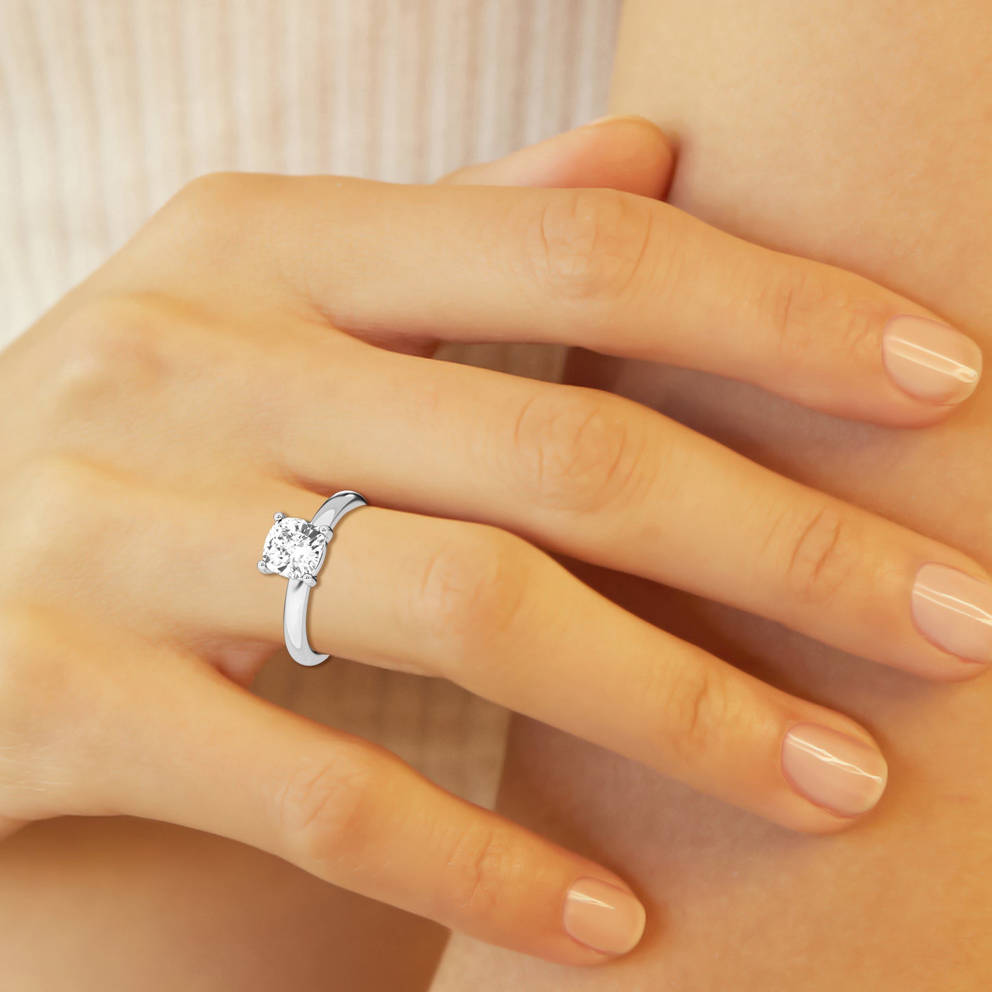 Cushion Solitaire Engagement Ring – 14K White Gold, 1.00 ct